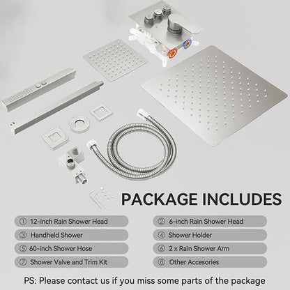 Shower System Dual Head，STARBATH 12+6" Rainfall Shower Head and Handheld Spray, Wall Mounted 3 Way Shower Faucet Set with Push Button Pressure Balance Valve and Trim Kit Brushed Nickel