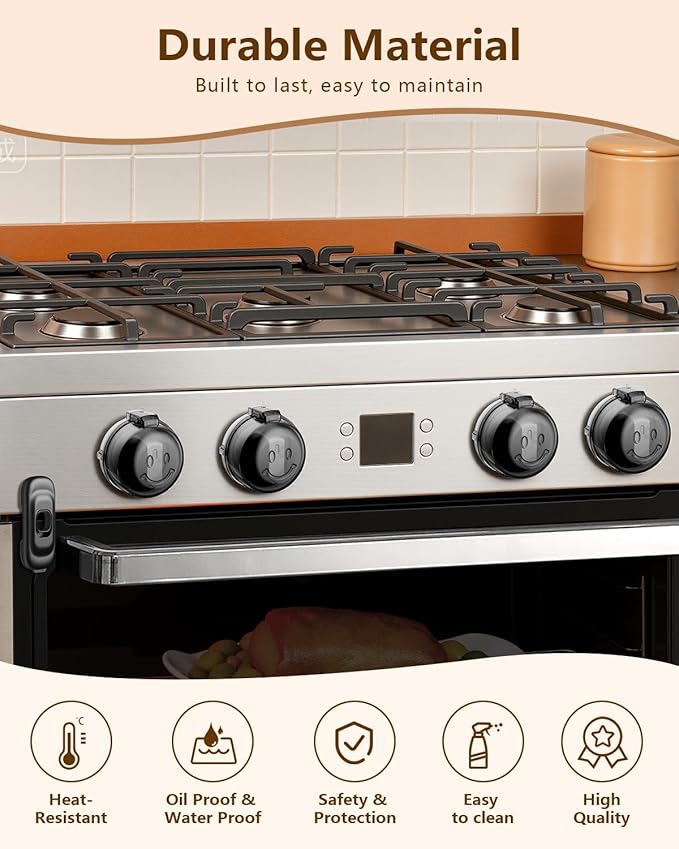 Stove Knob Covers - 5+1 Pack Heat Resistant Gas Stove Knob Covers with Child Proof Lock & Strong Adhesive, Oil-Proof Oven Knob Covers with Semi-Transparent Design, Black