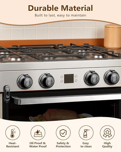 Stove Knob Covers - 5+1 Pack Heat Resistant Gas Stove Knob Covers with Child Proof Lock & Strong Adhesive, Oil-Proof Oven Knob Covers with Semi-Transparent Design, Black