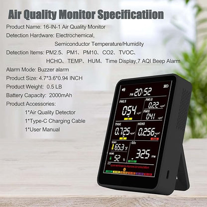 Professional Indoor Air Quality Monitor with AQI Alarms, Portable Real-Time Detector for Home Cars Plants and Pets (Glossy Black)