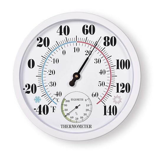 Outdoor Thermometer Hygrometer, 10 Inch Round Large White Gauge with Easy to Read Face, Waterproof Wall Mount for Patio, Garden, Garage, Home Outside Temperature and Humidity Monitor