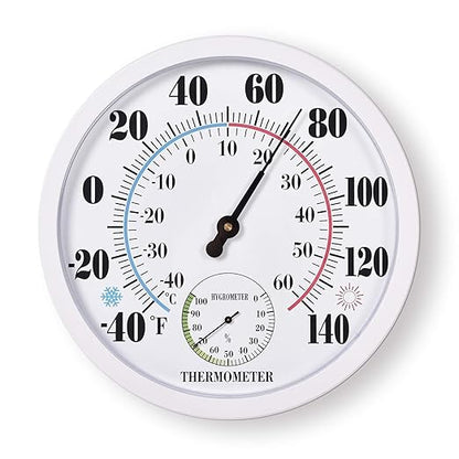 Outdoor Thermometer Hygrometer, 10 Inch Round Large White Gauge with Easy to Read Face, Waterproof Wall Mount for Patio, Garden, Garage, Home Outside Temperature and Humidity Monitor