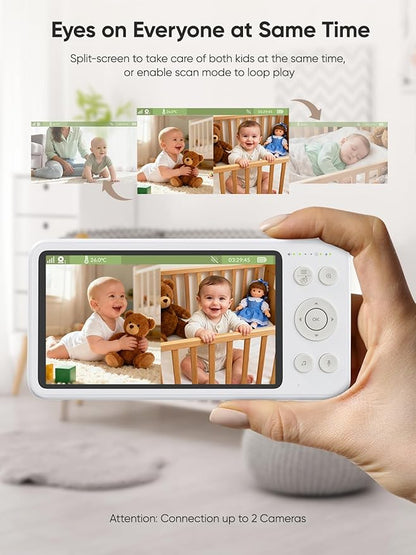 bonoch 1440p Baby Monitor with 2 Cameras 240h Long-Lasting, 5.5" No WiFi Split Screen Dual Video Monitor, Smart Detect for Crying/Sleep Turnover/Motion, Hack Proof, White Noise, Night Vision, Gifts
