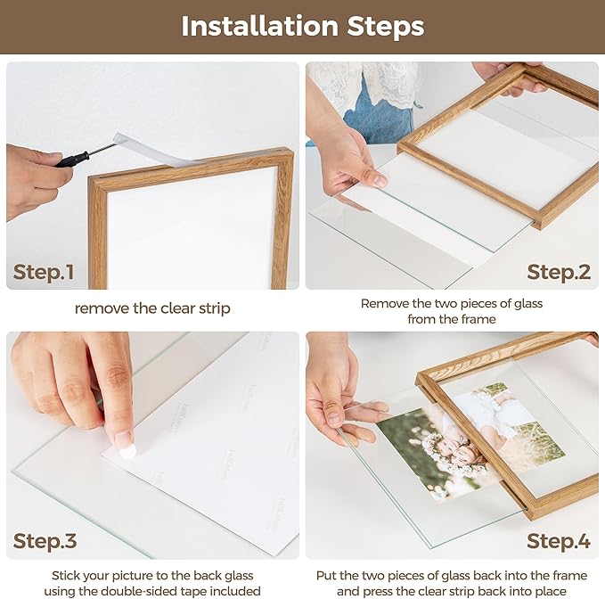 Axeman 11x14 Floating Picture Frame - Solid Oak Wood Square Picture Frame, Double Tempered Glass Photo Frame 4x6 5x7 8x10 11''x14'' Wood Frame, Wall Mount Or Tabletop Standing, Natural