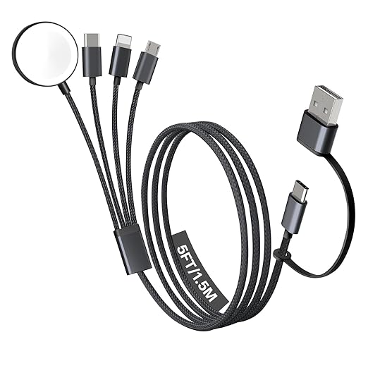 Travel Essentials, 4 in 2 Multi Charging Cable for Apple Watch Charger/iPhone Charger,USB C Cable Cord for iPhone 17-11/iWatch Ultra/10-2/Galaxy S25-S20, Android Phones, Kindle, MP3-Black,5FT