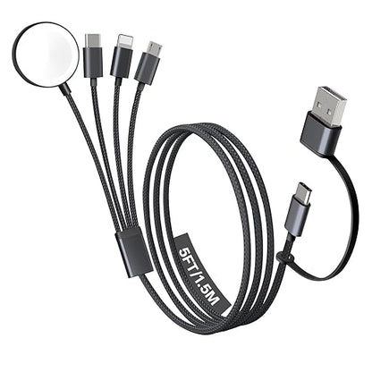 Travel Essentials, 4 in 2 Multi Charging Cable for Apple Watch Charger/iPhone Charger,USB C Cable Cord for iPhone 17-11/iWatch Ultra/10-2/Galaxy S25-S20, Android Phones, Kindle, MP3-Black,5FT