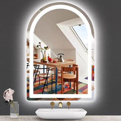 THEKLA 16 x 24 Inch LED Arched Mirror with Lights Memory 3 Color Adjustable Brightness Frontlight Arch Lighted Vanity Mirror for Bathroom Wall TableTop AntiFog 24" Bathroom Smart Arch Light up Mirrors
