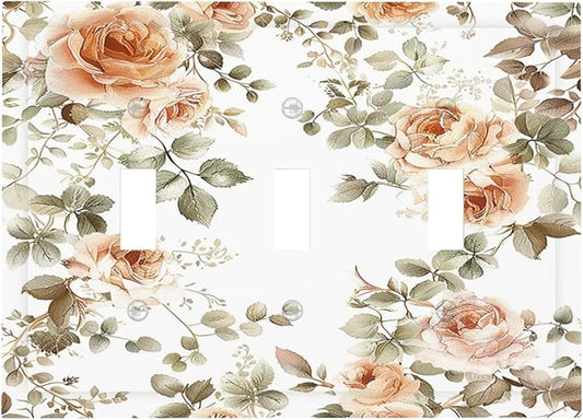 Decorative Switch Plates Vintage Warm Color Orange Flowers And Leaves 3 Gang Wall Plate Triple Toggle Light Switch Cover Faceplate Electrical Wall Panels for Bedroom living Room Decor
