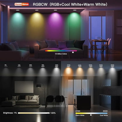 Homevenus Smart Recessed Lighting 4 Inch 9W 810LM Ultrathin Recessed Lights RGBCW Music Sync Color Changing Dimmable Canless Led Recessed Light Fixtures Compatible with Alexa/Google Assistant 4 Pack