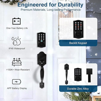 Fingerprint Smart Door Lock, Keyless Door Lock with Handle, Built-in WiFi Keypad Deadbolt Set for Front Door, Waterproof Smart Electronic Deadbolt, App Remote Control, Easy to Install Matte Black