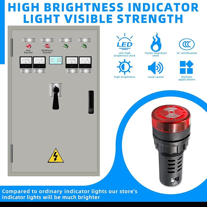 Indicator Light 24V Buzzer，10PCS 22mm Red LDE Flashing Buzzer AC/DC 24V Alarm for Electrical Control Panel