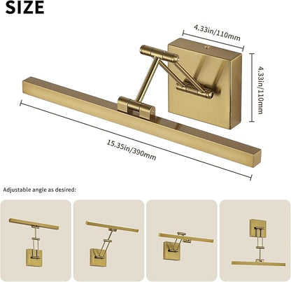 Hard-Wired Picture Light Dimmable LED Picture Lights for Paintings 15.7" Inch Brass Metal Body Wall Pictures with Adjustable Gold Swing Arm Art Display Lamps 7W 3000K Warm White Book Light