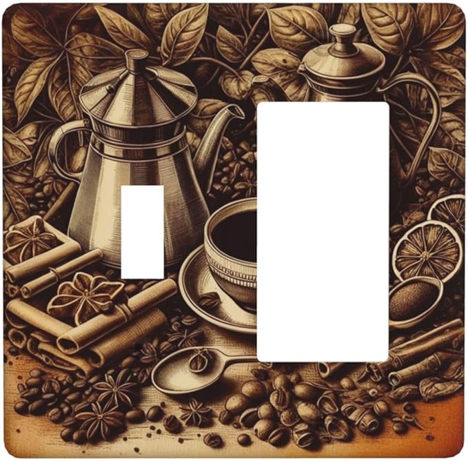 Decorative Outlet Covers Vintage Coffee Beans Leaf Cup 2 Gang 1 Gang Wall Plate Cover Single Toggle Rocker Combo Light Switch Cover Plate Face Plate for Kitchen Decor