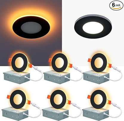 CycevSun 3 Inch Black LED Recessed Lights with Night Light, Dimmable & 5CCT Selectable Canless Downlight Wafer Outdoor Soffit, 6W, ETL, IC Rated, 6 Pack