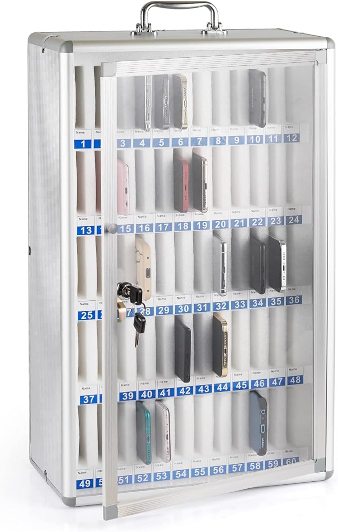Loghot Aluminum Alloy Pocket Chart Cell Phones Storage Cabinet for Cell Phones, Wall-Mounted Cell Phone Locker Phone Holder with Lock for Classroom, Office, Can be Carried by Hand (60 Slots)
