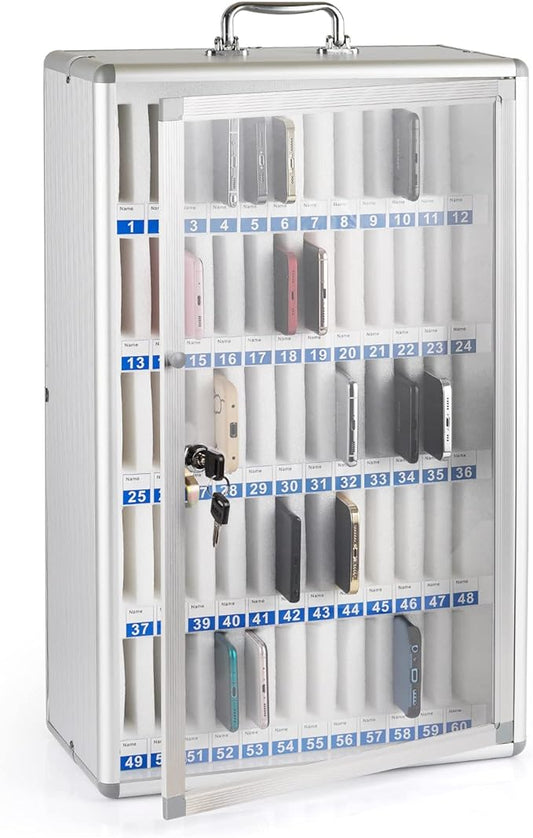 Loghot Aluminum Alloy Pocket Chart Cell Phones Storage Cabinet for Cell Phones, Wall-Mounted Cell Phone Locker Phone Holder with Lock for Classroom, Office, Can be Carried by Hand (60 Slots)