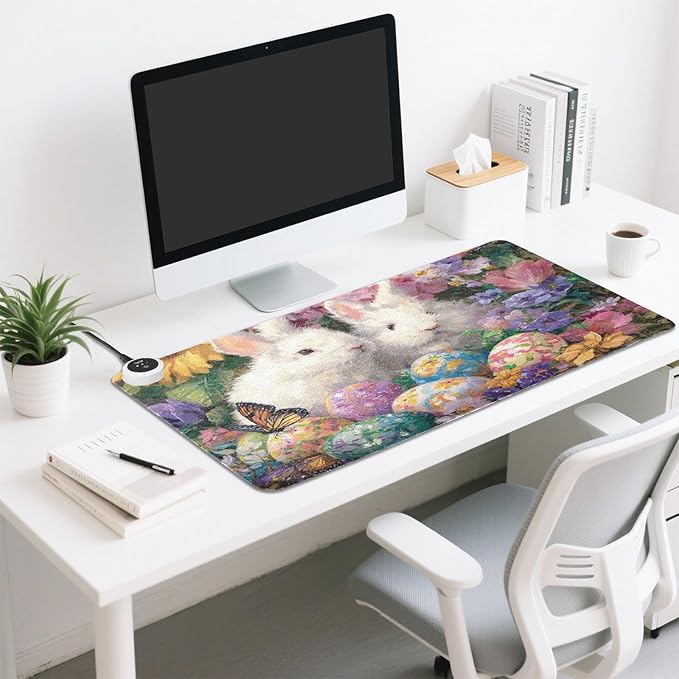 Heated Desk Pad Mouse Pad 31.5x13 Inch PU Leather Desk Mat with 3 Heat Levels Large Mouse Gaming Computer Laptop Mat Easter Bunny Eggs Sunflowers