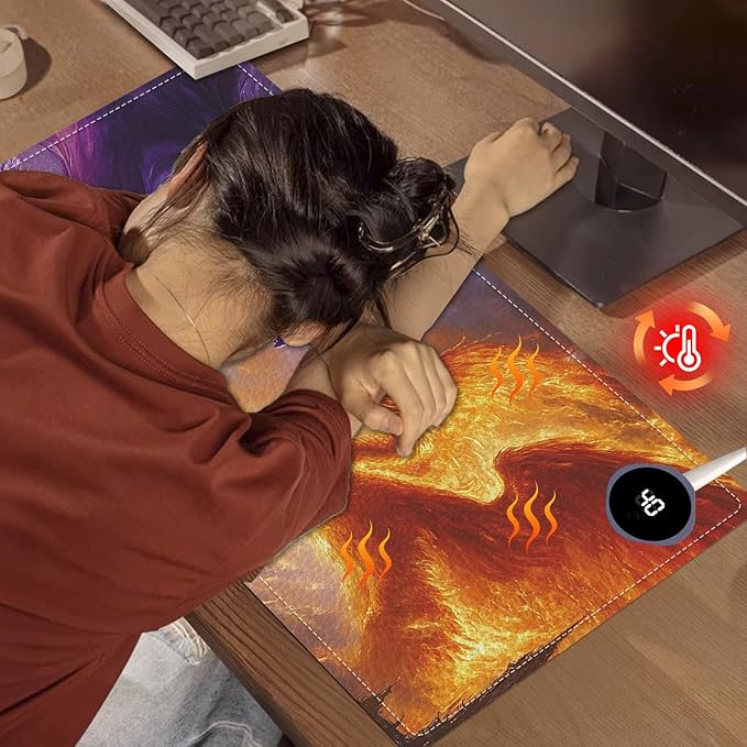 Heated Mouse Pad 23.6 x 14 in 3-Temp Fast Heating Desk Mat with Auto Timer Warmer for Hands Wrist Pain Relief Waterproof Keyboard Mat for Office, Gaming, Home, Dragon Battle Art