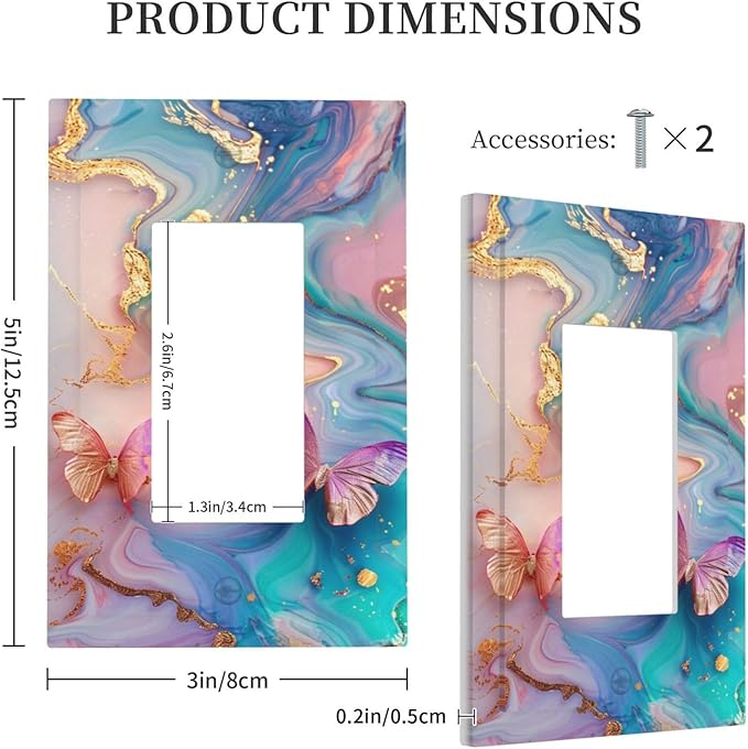 Colorful Marble Butterfly Gold Glitter Abstract Print Decorative Outlet Covers 1 Gang Single Rocker Light Switch Cover Plate Wall Plates GFCI Faceplate for Bed Room Living Room Decor