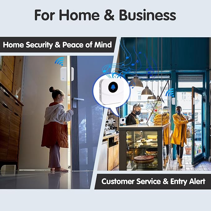 Wireless Door Chime & Window Sensor Alarm - 800Ft Long Range Door Sensor for Business and Home Security Door Chime with 55 Ringtones, 5 Volume Levels, Easy Install (1 Receiver & 2 Sensors)