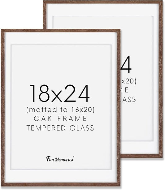Fun Memories 18x24 Poster Frame, Solid Oak Wood 18 by 24 Picture Frame Set of 2, 18x24 Wood Frames with Tempered Glass, 18 x 24 Frame with Mat for 16 x 20, Large Wooden Art Frame, Walnut Color