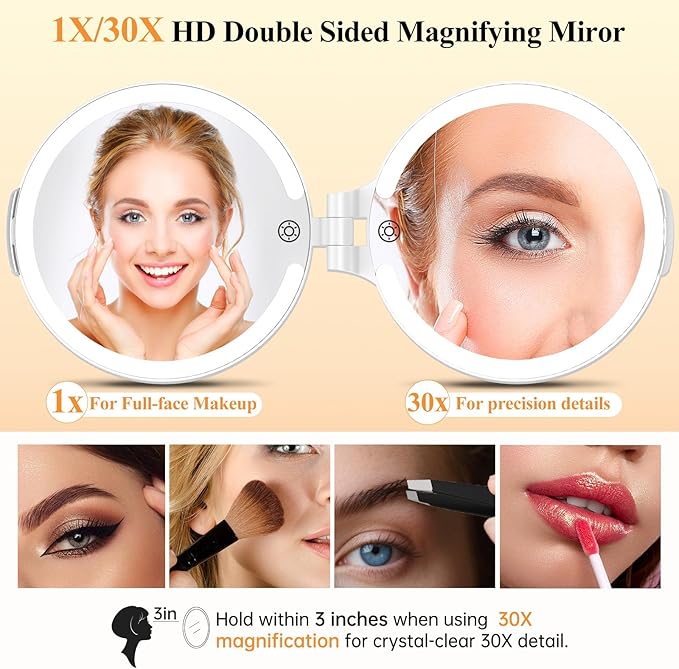 FUNTOUCH Magnifying Mirror 30X 1X Double Sided Magnification Makeup Vanity Mirror Rechargeable Lighted Mirror with 3 Color Setting Adjustable Rotation LED Vanity Desk Mirror