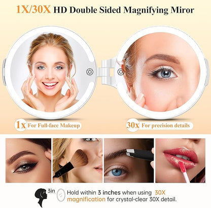 FUNTOUCH Magnifying Mirror 30X 1X Double Sided Magnification Makeup Vanity Mirror Rechargeable Lighted Mirror with 3 Color Setting Adjustable Rotation LED Vanity Desk Mirror
