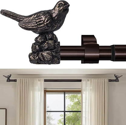 Curtain Rods 48 to 90 Inches Vintage Oil Bronze Curtain Rods for Windows Adjustable Drapery Rod with Bird Finials Heavy Duty Window Brown Curtains Rod for Living Room Bedroom