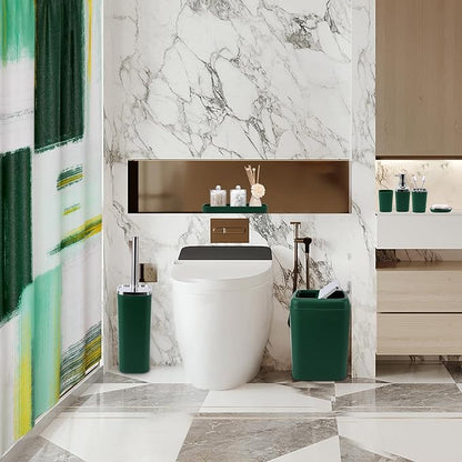 Dark Green Bathroom Accessories Set, Bathroom Sets with Shower Curtain, Green Bathroom Accessories with Trash Can, Soap Dispenser, Soap Dish, Toilet Brush Holder, Qtip Holders for Bathroom
