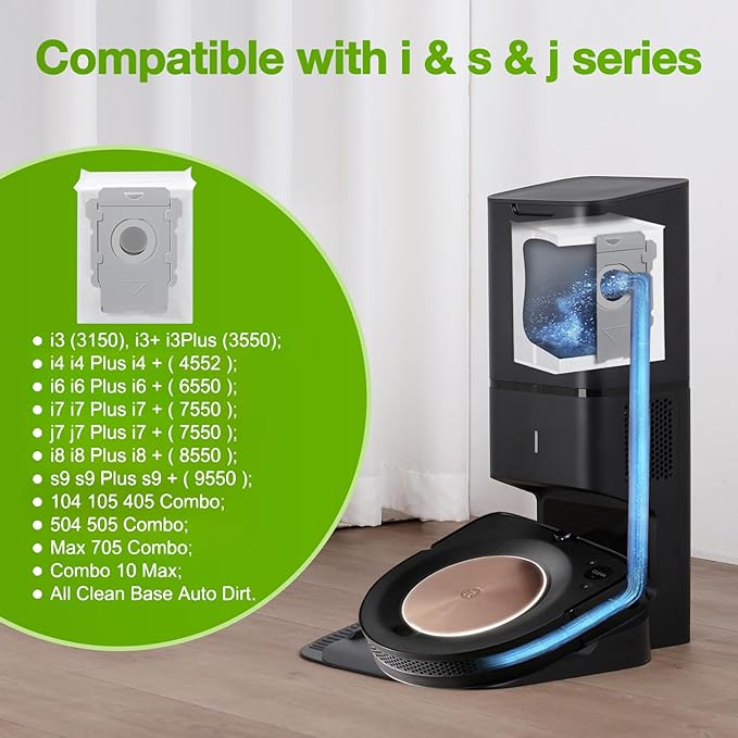 12 Pack Vacuum Bags for iRobot Roomba, Effective Dust Filtration, Compatible with i3+ i4+ i5+ i6+ j6+ i7+ j7+ i8+ J8+ J9+ s9+ 104 105 405 505 705 Combo & All Clean Base Auto Dirt Disposal bag