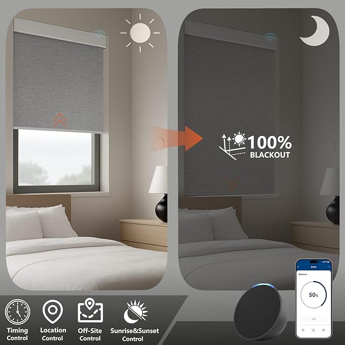 Smart Motorized Blinds – 100% Blackout Roller Shades with Remote, Alexa/Google Home/Siri Control, Matter Compatible, Wireless Rechargeable Battery, Custom Sizes for Windows & Sliding Doors