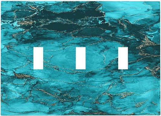 Decorative Light Switch Plate Covers Modern Abstract Turquoise Blue Marble Texture 3 Gang Artistic Wall Plate Unique Triple Toggle Light Switch Covers for Bathroom Home Decor