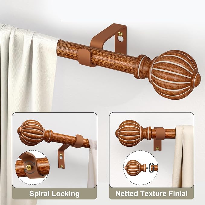 Reddish-Brown Wood Curtain Rods for Windows 28 to 48 Inch, 1'' Adjustable Heavy Duty Curtain Rod，Vintage Imitation Wood Decorative Drapery Rods with Pumpkin Finials for Bedroom Living Room