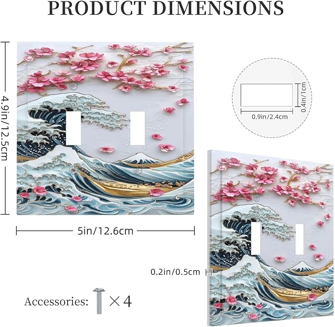 Decorative Switch Plates The Great Wave Off Kanagawa With Sakura 2 Gang Double Toggle Outlet Light Switch Cover Wall Plate Electrical Faceplate for Bedroom Bathroom Decor