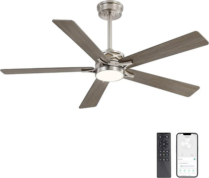 WINGBO 52" Smart Ceiling Fan with Lights, 5 Plywood Blades, 6 Speeds Reversible DC Motor, Works with Alexa and Google Assistant, 3CCT Dimmable LED Ceiling Fan for Bedroom Living Room, Nickel and Grey