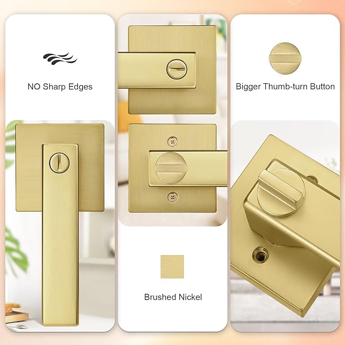Probrico Heavy Duty Flat Gold Door Handles Square Privacy Interior Door Levers Bedroom and Bathroom Door Handles Keyless Bed/Bath Lockset (1 Pack)