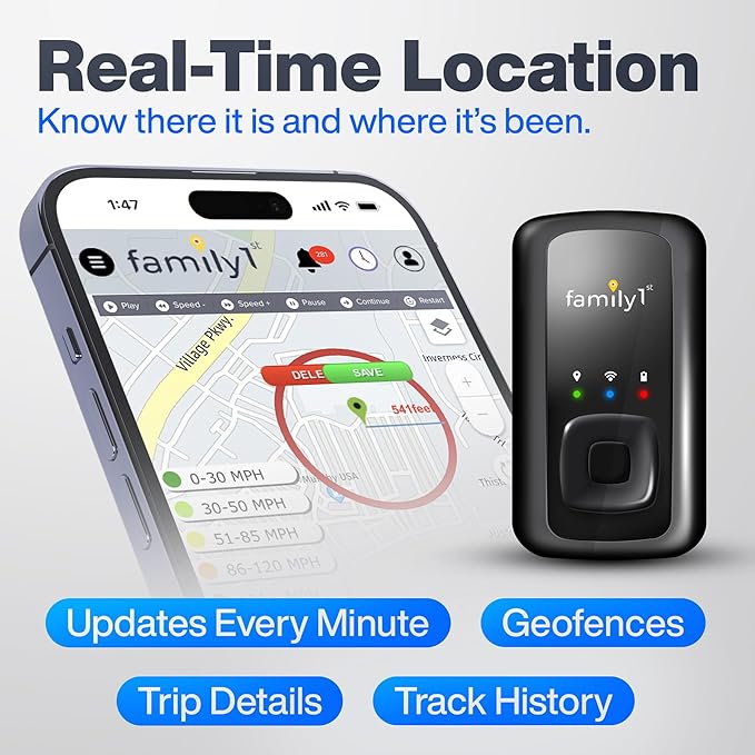 Family1st GPS Tracker Device for Vehicles, Cars, Loved Ones, Up to 30 Day Battery with Waterproof Case Magnetic, Real-Time Tracking with App. Subscription Needed.