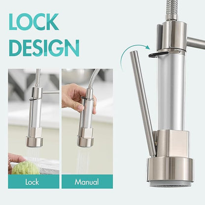 AIMADI Commercial Kitchen Faucet with Dual Spouts, Brushed Nickel Single Handle Stainless Steel Pull-Down Sink Faucet, Suitable for Farmhouse Camper Laundry Rv Bar