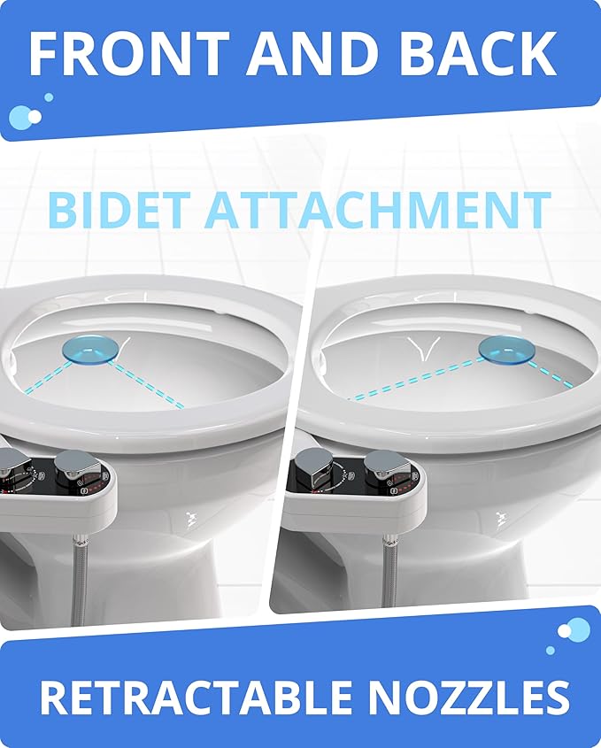CLEAR REAR Bidet Attachment for Toilet Seat - Non-Electric, Self-Cleaning Dual Nozzle, Adjustable Water Pressure, Rear & Feminine Wash Hygienic Bathroom Upgrades - Fits Elongated Toilets (2 Pack)