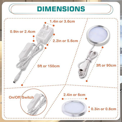 Single LED Kitchen Under Cabinet Puck Light, 120V Direct Wall Plug in Closet Cupboard Night Light, Easy to Mount, Inline On Off Switch, White Wires, 2 Packs, Warm White