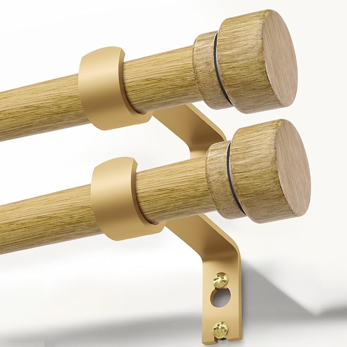 2 Pack Natural Light Wood Grain Curtain Rods for Windows 66 to 120 Inches 1" Diameter Heavy Duty Window Curtain Rod Adjustable with Solid Finials for Living Room Bedroom Kitchen Farmhouse Outdoor