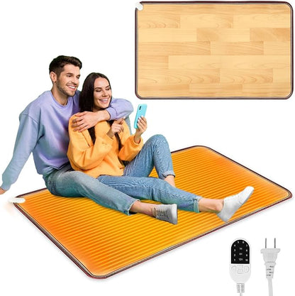 PVC 110V Heated Floor Mat Heater for Foot Warmer Under Desk 31.5 x 20 Inch Carbon Crystal Wood Stripe Electric Heating Carpet Pad Energy Saving Indoor Heated Rug for Home Office House Brown