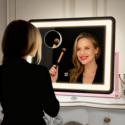 ROLOVE 22x17 Inch Pink Vanity Mirror with Lights，Dimmable LED Lights，3 Color Modes, Smart Touch Control，10X Magnification，Light up Makeup Mirror for Desk, Gift for Teen Girls