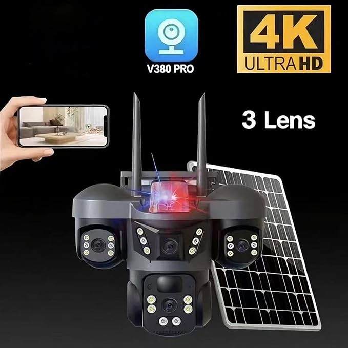 4K Solar Security Camera, 3 Cameras Security Cameras Wireless Outdoor, 360° Pan & Tilt Surveillance, Have Alarm Detection, Smart Monitor＆Night Vision, Two Way Intercom Outdoor Function 2.4GHz Wi-Fi