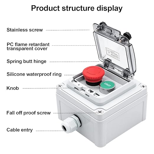 IP67 Outdoor Waterproof Box 2 Push Button (Letter) Emergency Stop Button Momentary Push Button Button with Protective Cover Anti-misoperation Switch(AC/DC 6A-110V/3A-240V/2.5A-380V)