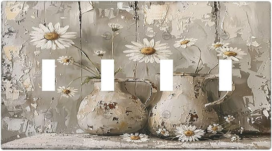 Light Switch Covers Vintage Rustic Floral White Daisy Flower Oil Painting Style Quad Toggle Electrical Faceplate 4 Gang Wall Plate Decorative Switch Plates for Home Farmhouse Decor