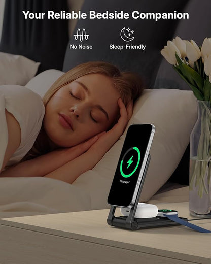 3 in 1 Charging Station for Apple Devices, Magnetic Wireless Charger Stand, 15W Foldable Travel Charging Dock for iPhone 17 16 15 14 13 12 Pro Max Plus Air & Apple Watch & AirPods 4 3 2 Pro, Black