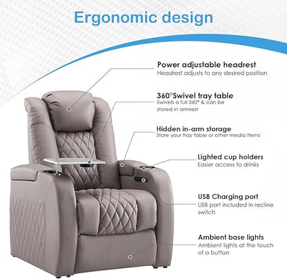 Weilianda Home Theater Seating Top Grain Leather Zero Gravity Recliner Chair Power Headrest Recline Movie Seat Gaming 7 Colors Mood Light Sofa with Tray Table USB Charge Row of 3 Grey