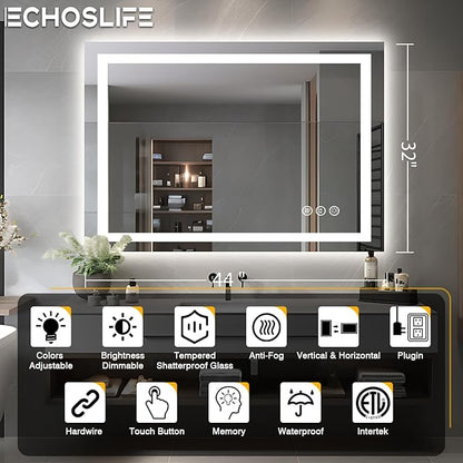 44"x32" Bathroom Mirror with LED Lights, Front & Backlit, Anti-Fog, Dimmable, Waterproof & Corrosion Proof (Horizontal/Vertical)