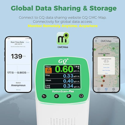 GQ RadonScan-Plus Radon Gas Digital Detector Worldwide Remote Monitoring Fast Accurate Detection Simple Color Display USA Design Real-time Data App Data Logging & Sharing